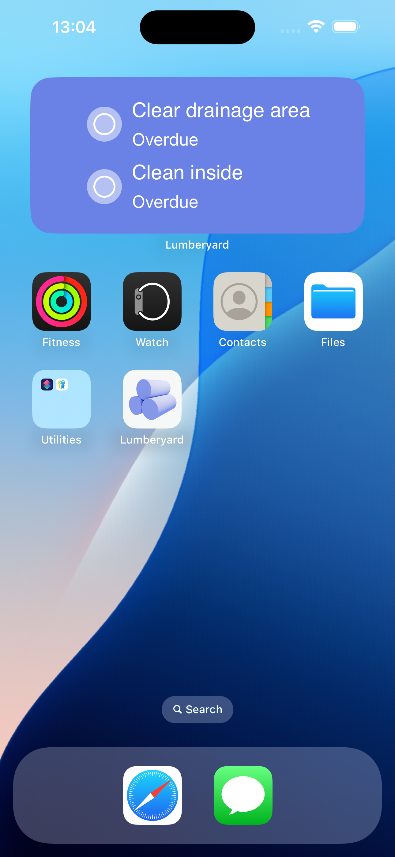 iPhone home screen with the Lumberyard widget showing two overdue tasks