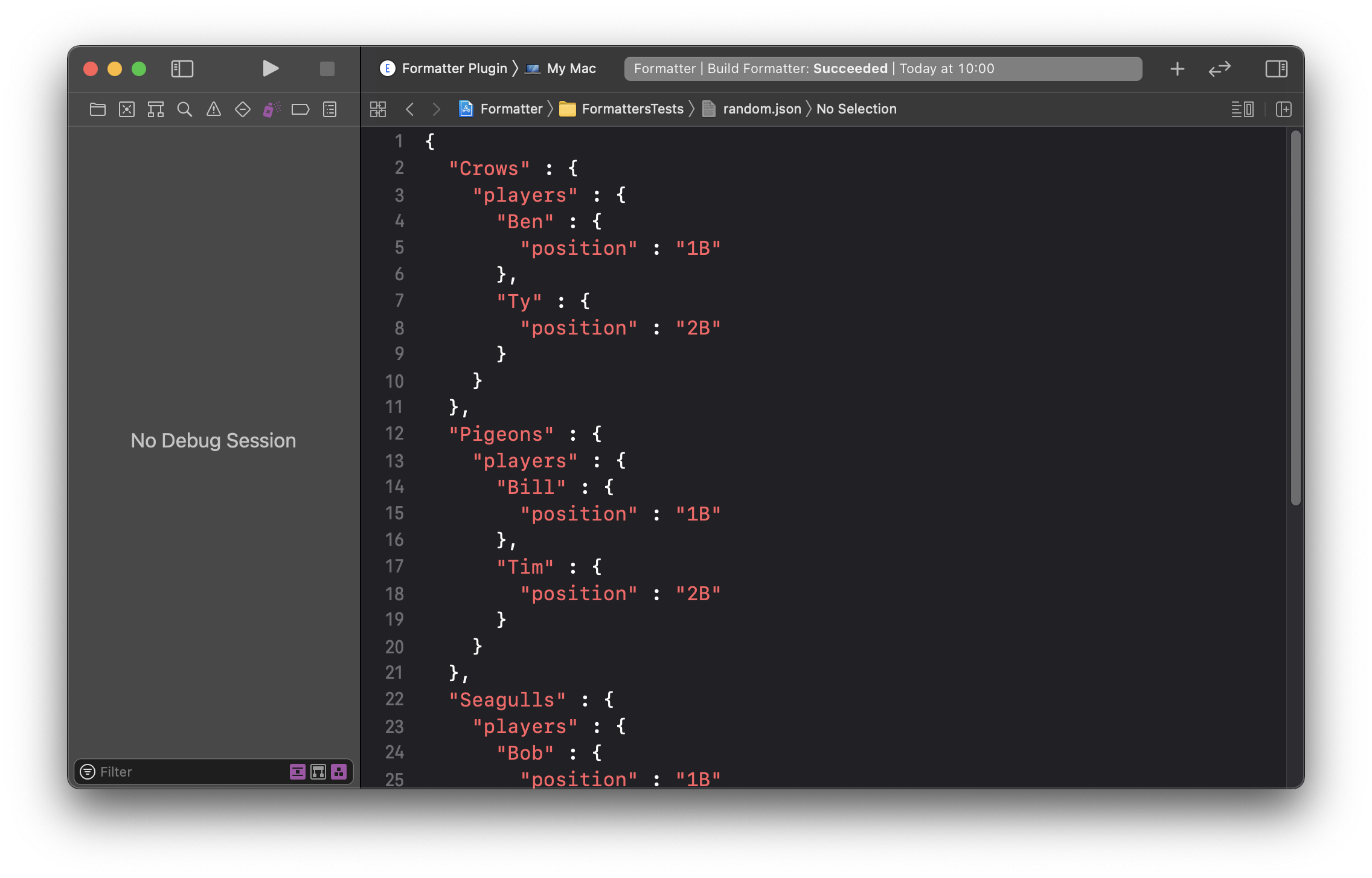 Formatter screenshot showing formatted JSON file in Xcode.